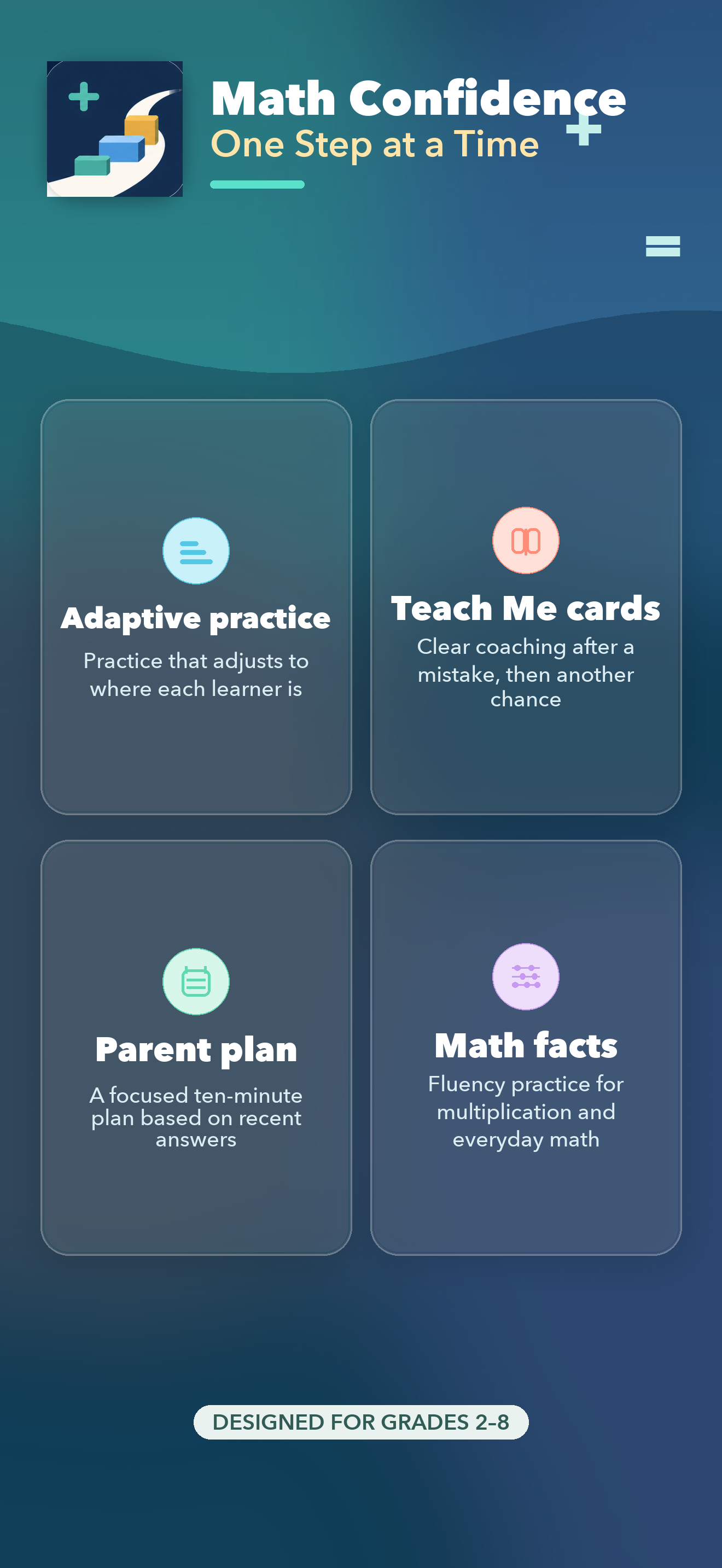 SteadySteps Math adaptive practice, Teach Me, Parent Plan, and Math Facts for Grades 2–8.