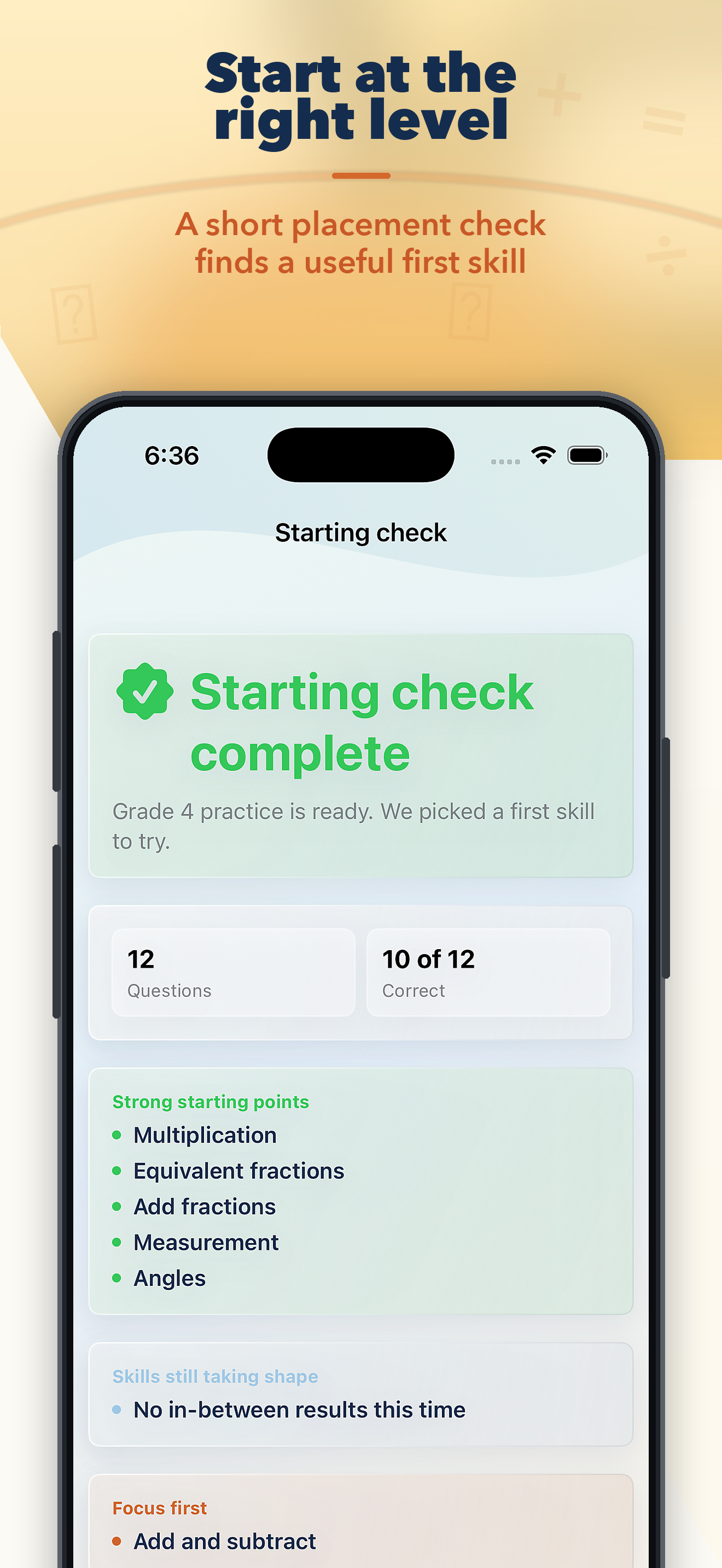 A completed starting check identifies a useful first skill for Grade 4 practice.