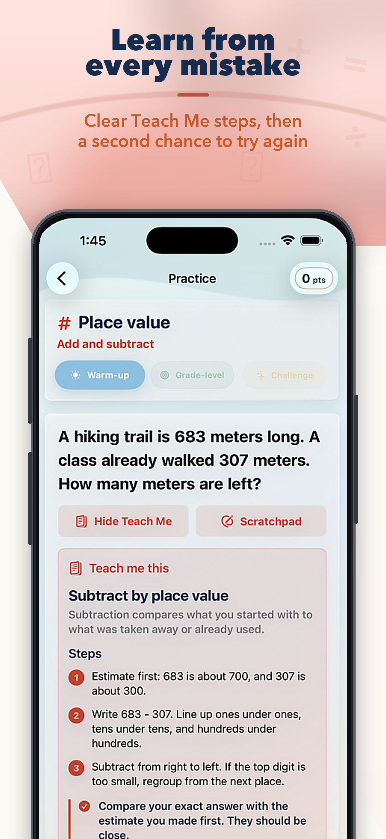 Teach Me explains a subtraction mistake in clear steps and gives the learner another chance.