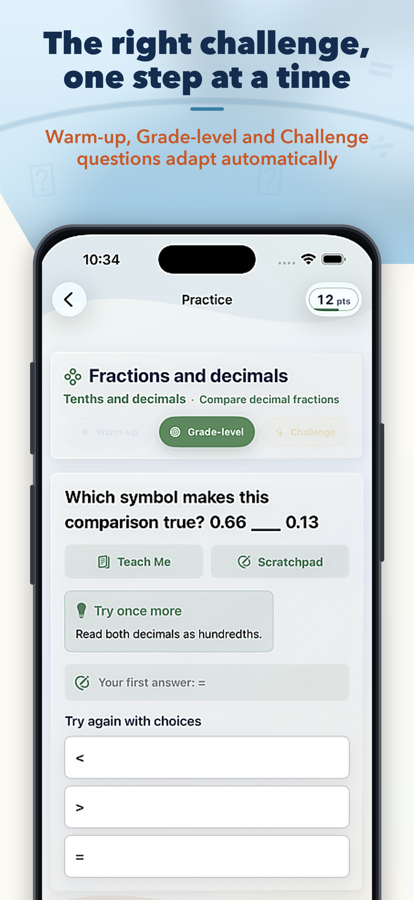 Adaptive practice selects Warm-up, Grade-level, and Challenge questions one step at a time.