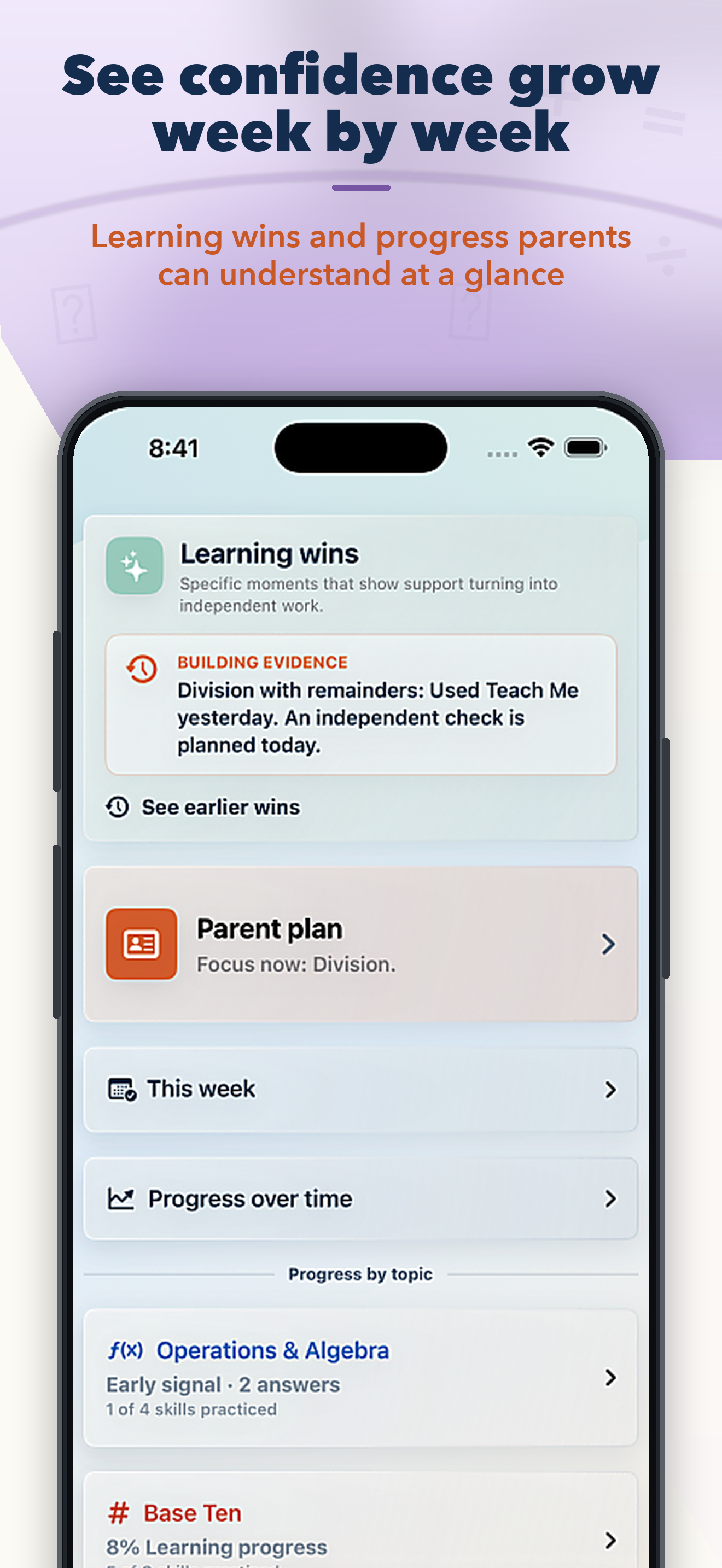 Parent progress views make weekly learning and next steps easy to understand.